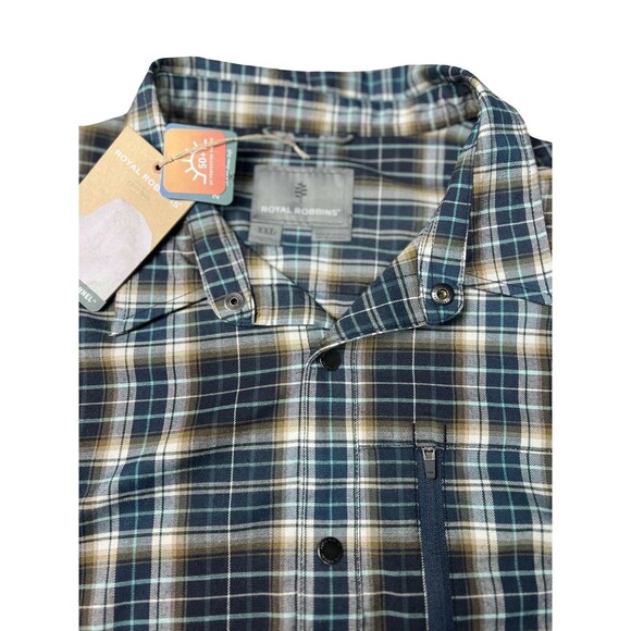 Royal Robbins Shirt Men XXL Flannel Long Sleeve Snap On UPF 50 Zip Secure Pocket - Picture 2 of 12